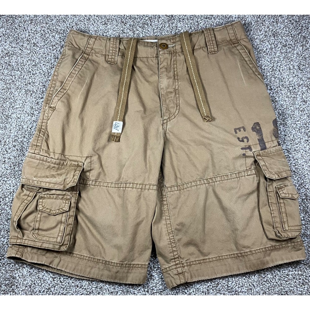 Aeropostale Mens Khaki Cargo Shorts Size 32 Distressed Graphic A87 Drawstring
